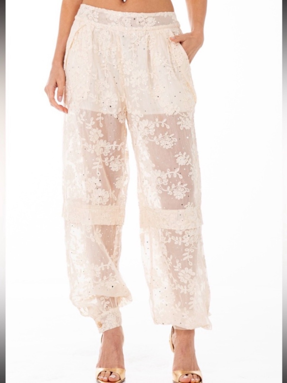Embroidered Sheer Cream Lace Jogger Pants